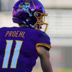 Nov 28, 2020; Greenville, North Carolina, USA; East Carolina Pirates wide receiver Blake Proehl (11) waits for the snap against the Southern Methodist Mustangs at Dowdy-Ficklen Stadium. Mandatory Credit: James Guillory-USA TODAY Sports