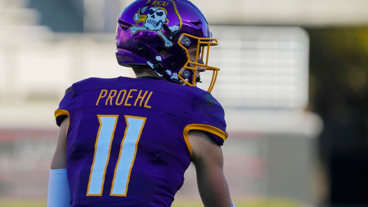 Nov 28, 2020; Greenville, North Carolina, USA; East Carolina Pirates wide receiver Blake Proehl (11) waits for the snap against the Southern Methodist Mustangs at Dowdy-Ficklen Stadium. Mandatory Credit: James Guillory-USA TODAY Sports