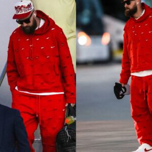 Travis Kelce Touches Down In Vegas For Super Bowl In Great Style Donning the Chiefs Red