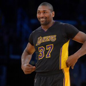 January 6, 2017; Los Angeles, CA, USA; Los Angeles Lakers forward Metta World Peace (37) reacts against the Miami Heat during the second half at Staples Center. Mandatory Credit: Gary A. Vasquez-USA TODAY Sports via Imagn