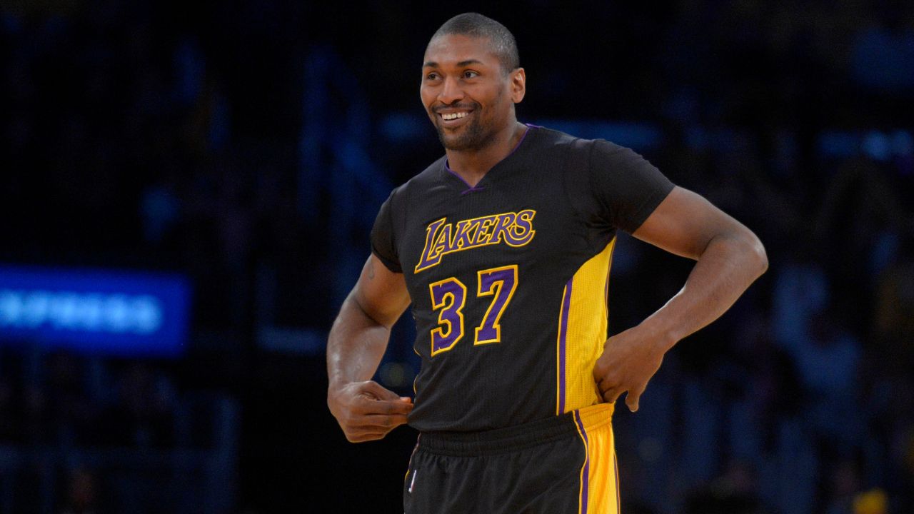 January 6, 2017; Los Angeles, CA, USA; Los Angeles Lakers forward Metta World Peace (37) reacts against the Miami Heat during the second half at Staples Center. Mandatory Credit: Gary A. Vasquez-USA TODAY Sports via Imagn