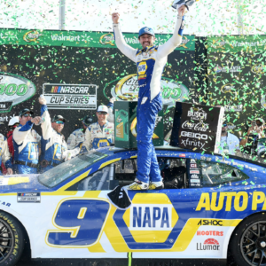 NASCAR Cup Series driver Chase Elliott (9) celebrates after winning the Quaker State 400 at Atlanta Motor Speedway.