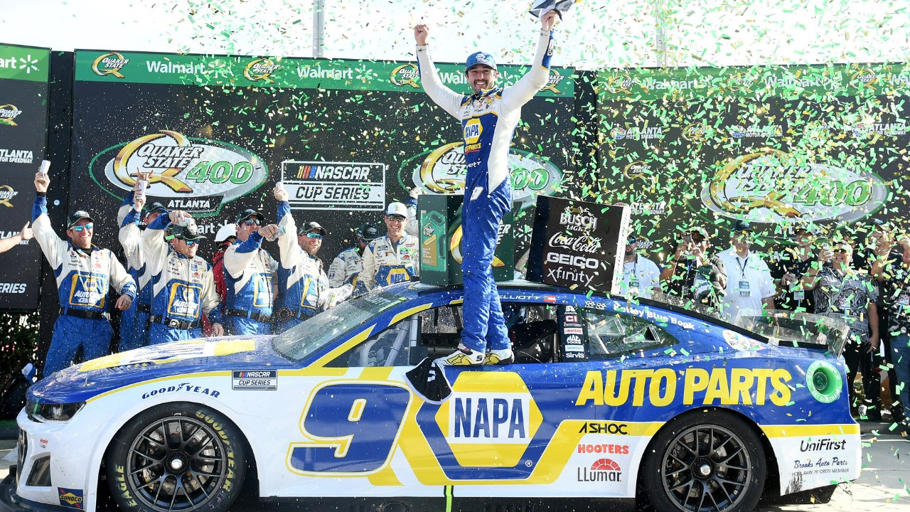 NASCAR Cup Series driver Chase Elliott (9) celebrates after winning the Quaker State 400 at Atlanta Motor Speedway.