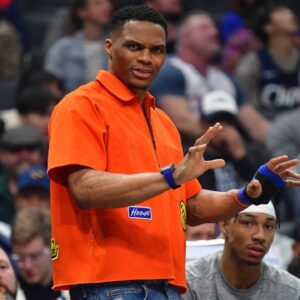 Mar 12, 2024; Los Angeles, California, USA; Los Angeles Clippers guard Russell Westbrook (0) watches game action against the Minnesota Timberwolves during the first half at Crypto.com Arena. Mandatory Credit: Gary A. Vasquez-USA TODAY Sports