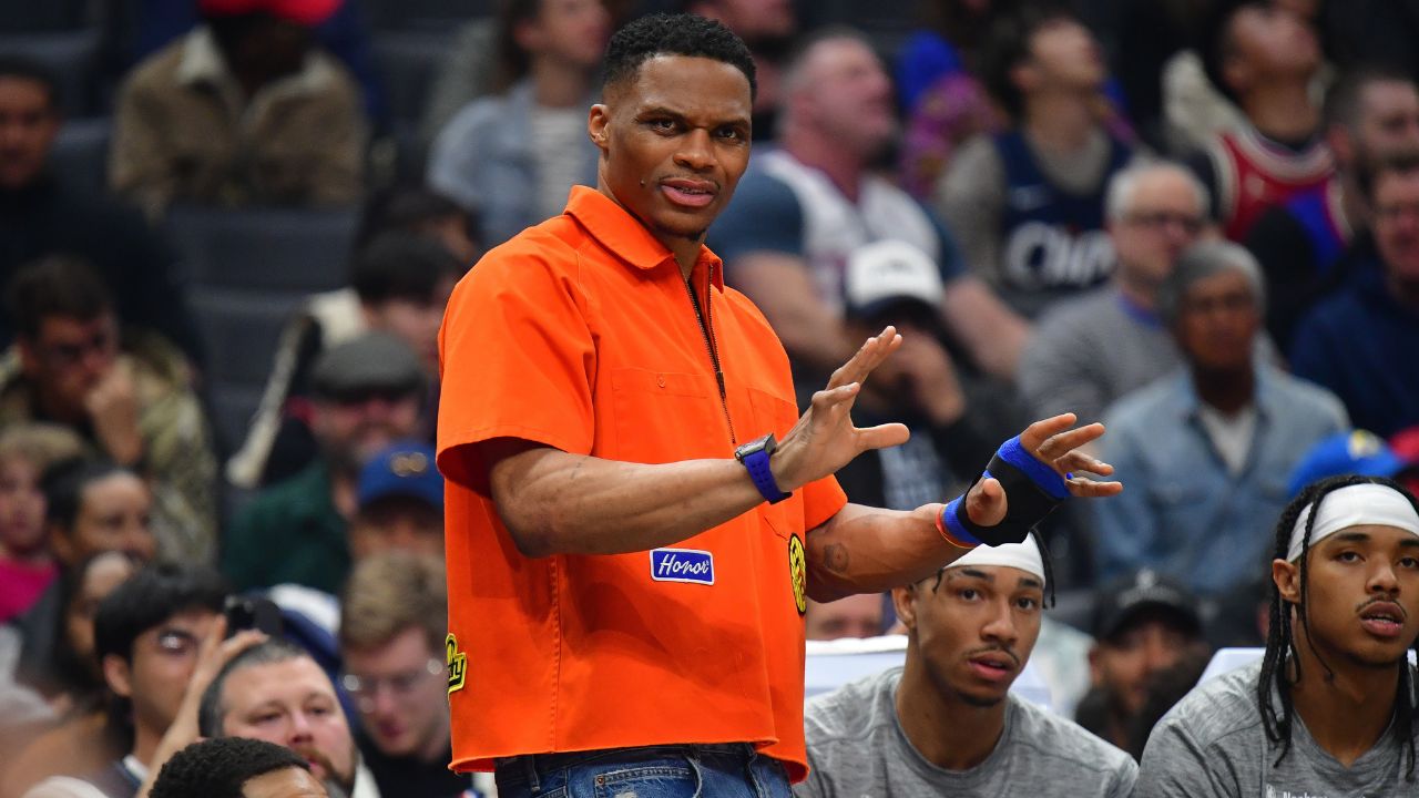 Mar 12, 2024; Los Angeles, California, USA; Los Angeles Clippers guard Russell Westbrook (0) watches game action against the Minnesota Timberwolves during the first half at Crypto.com Arena. Mandatory Credit: Gary A. Vasquez-USA TODAY Sports