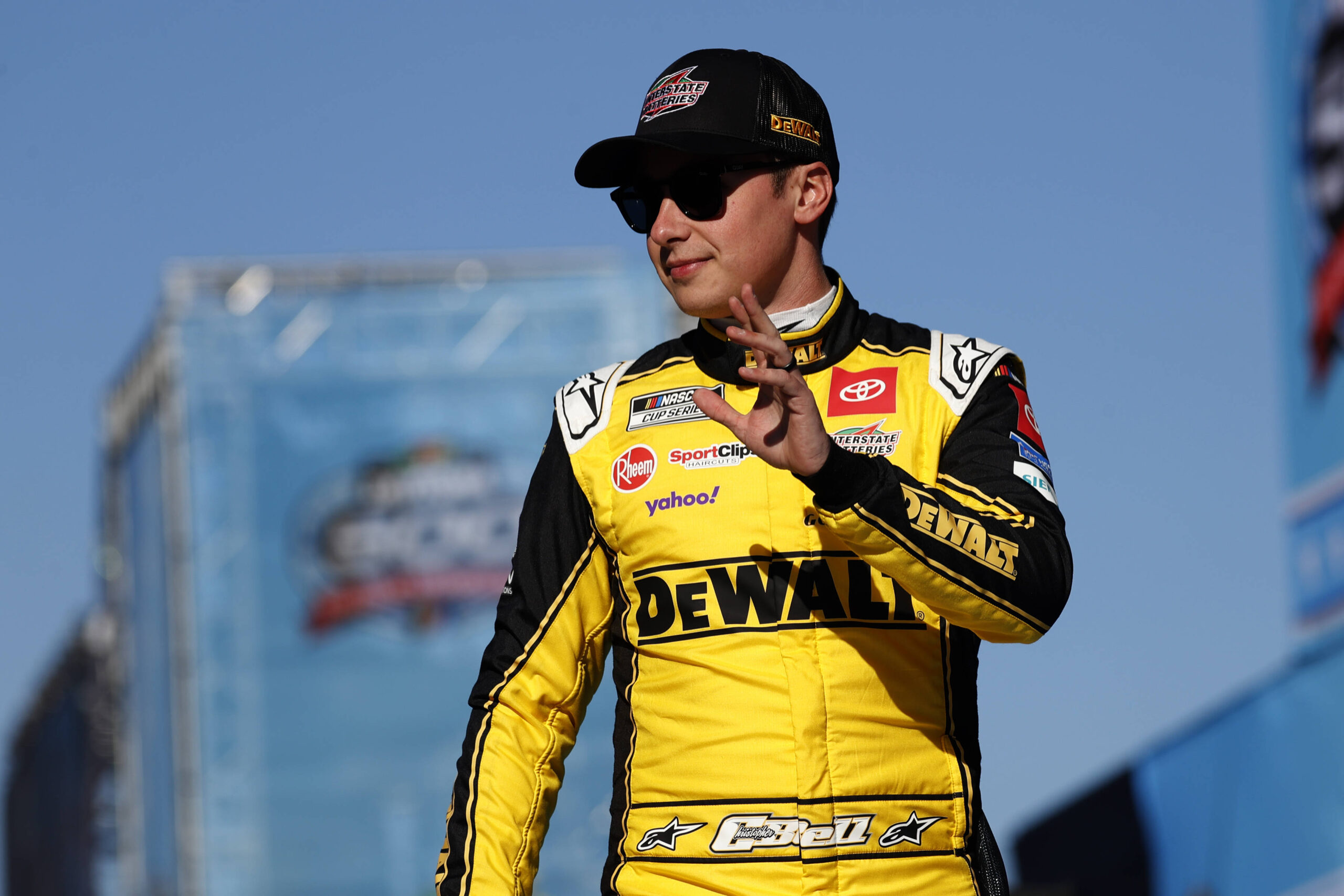 DAYTONA, FL - FEBRUARY 19: Christopher Bell 20 Joe Gibbs Racing DEWALT- Interstate Batteries Toyota waves to the crowd prior to the running of the NASCAR, Motorsport, USA Cup Series Daytona 500 on February 19, 2024 at Daytona International Speedway in Daytona Beach, FL. Photo by Jeff Robinson/Icon Sportswire AUTO: FEB 19 NASCAR Cup Series DAYTONA 500 EDITORIAL USE ONLY Icon240219611500