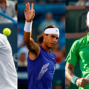 Roger Federer (L), Rafael Nadal (C) and Novak Djokovic (R)