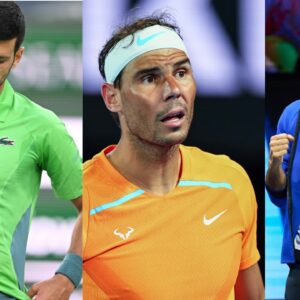 Novak Djokovic (L), Rafael Nadal (C) and Roger Federer (R)