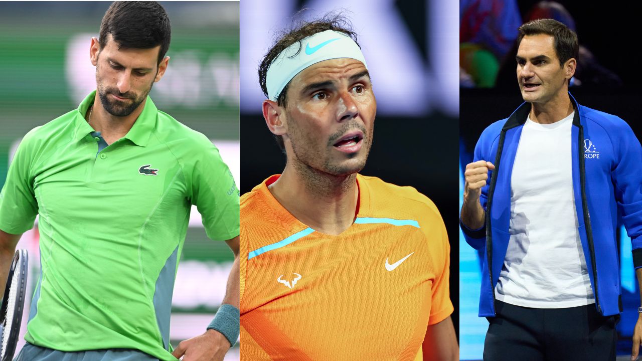 Novak Djokovic (L), Rafael Nadal (C) and Roger Federer (R)