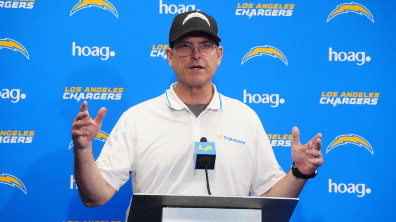 Los Angeles Chargers coach Jim Harbaugh speaks at press conference at Hoag Performance Center.