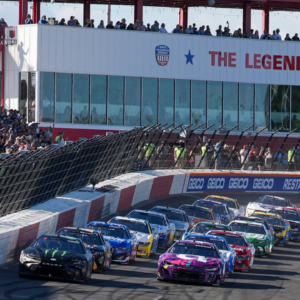 May 19, 2024; North Wilkesboro, North Carolina, USA; NASCAR Cup Series driver Ty Gibbs (54) leads the field to the start during the All Star Open race at North Wilkesboro Speedway. Mandatory Credit: Jim Dedmon-USA TODAY Sports