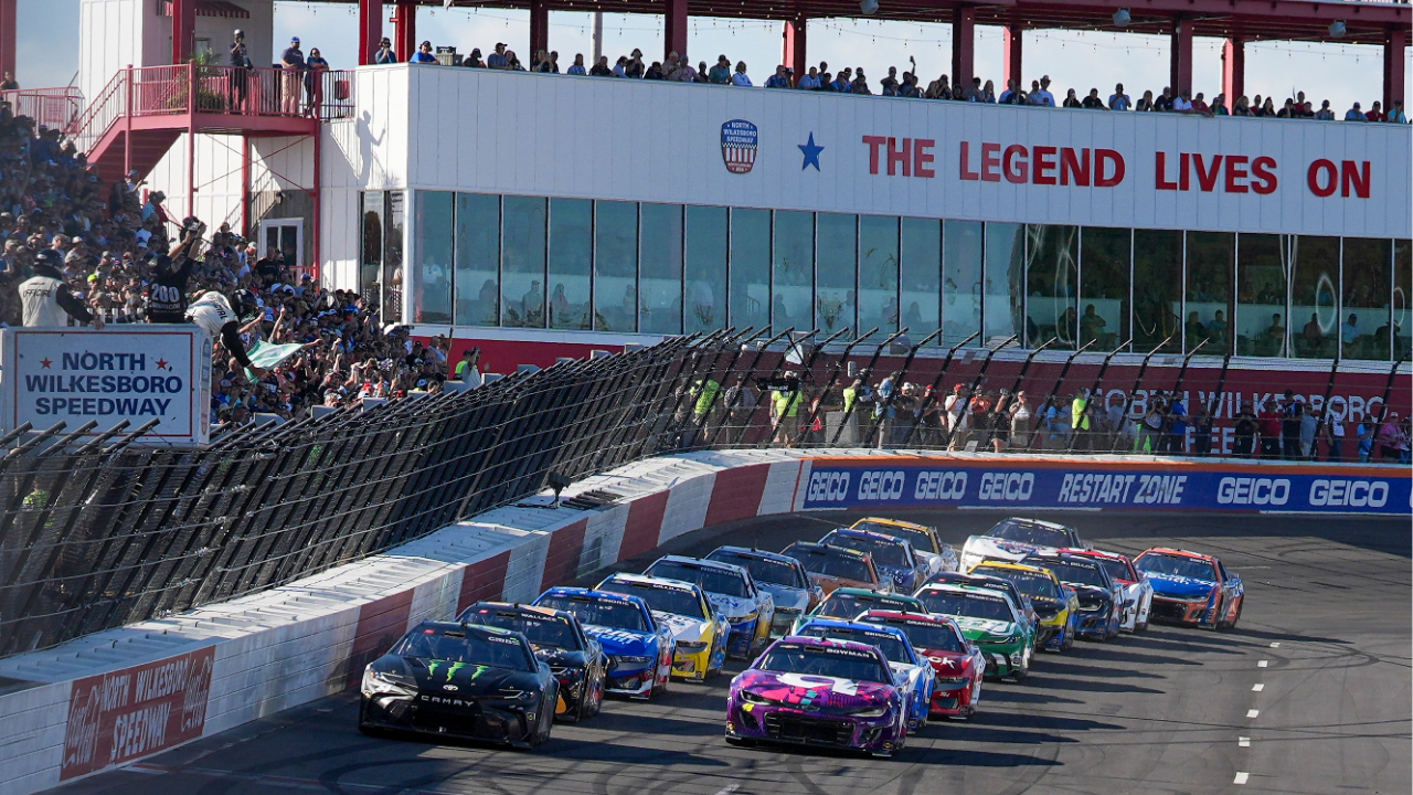 May 19, 2024; North Wilkesboro, North Carolina, USA; NASCAR Cup Series driver Ty Gibbs (54) leads the field to the start during the All Star Open race at North Wilkesboro Speedway. Mandatory Credit: Jim Dedmon-USA TODAY Sports