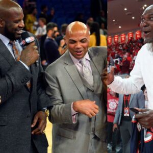 Shaquille O'Neal and Charles Barkley (L) and Hakeem Olajuwon (R)