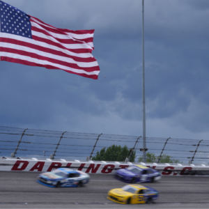 May 7, 2022; Darlington, South Carolina, USA; NASCAR Xfinity Series driver Ryan Sieg (38), races Jeremy Clements (51) and Landon Cassill (10) during the Mahindra ROXOR 200 at Darlington Raceway. Mandatory Credit: Jasen Vinlove-USA TODAY Sports