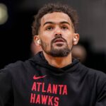 Atlanta Hawks guard Trae Young (11) shown while warming up on the court before the game Charlotte Hornets at State Farm Arena.