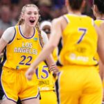 Los Angeles Sparks forward Cameron Brink (22) yells in excitement Tuesday, May 28, 2024, during the game at Gainbridge Fieldhouse in Indianapolis. The Los Angeles Sparks defeated the Indiana Fever, 88-82.