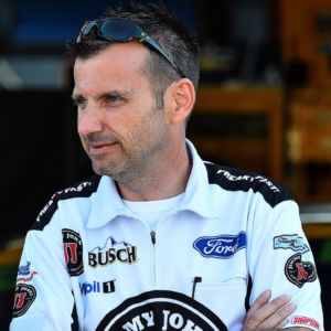 Oct 13, 2018; Talladega, AL, USA; NASCAR Cup Series crew chief Adam Stevens (L) and NASCAR Cup Series crew chief Rodney Childers (R) talk during practice for the 1000Bulbs.com 500 at Talladega Superspeedway. Mandatory Credit: Jasen Vinlove-USA TODAY Sports