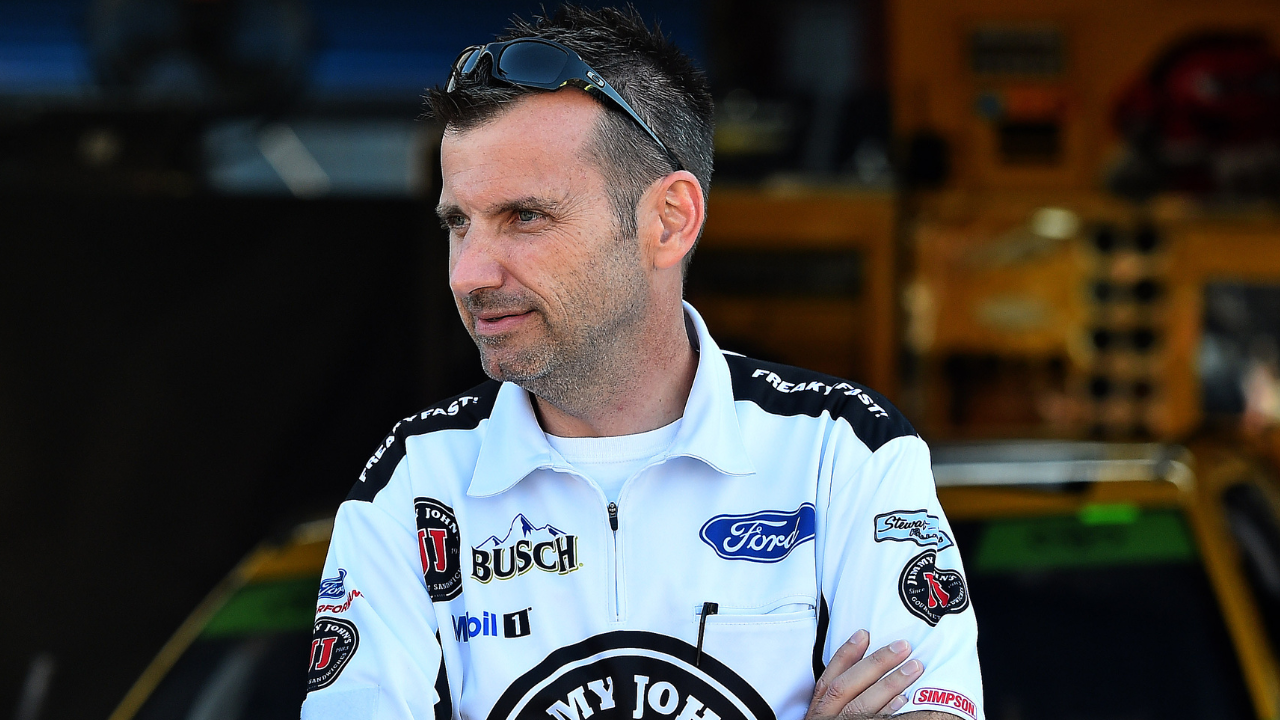 Oct 13, 2018; Talladega, AL, USA; NASCAR Cup Series crew chief Adam Stevens (L) and NASCAR Cup Series crew chief Rodney Childers (R) talk during practice for the 1000Bulbs.com 500 at Talladega Superspeedway. Mandatory Credit: Jasen Vinlove-USA TODAY Sports