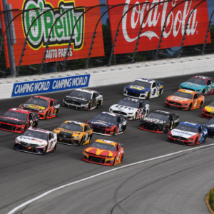 NASCAR Cup Series driver Kevin Harvick (4) leads the field during the Camping World 400 at Chicagoland Speedway.
