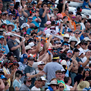 Race fans cheer the start of the NASCAR Xfinity Series Tennessee Lottery 250 at Nashville Superspeedway in Lebanon, Tenn., Saturday, June 29, 2024.