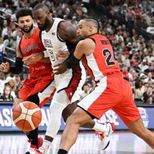 Jamal Murray, LeBron James, and Dillon Brooks