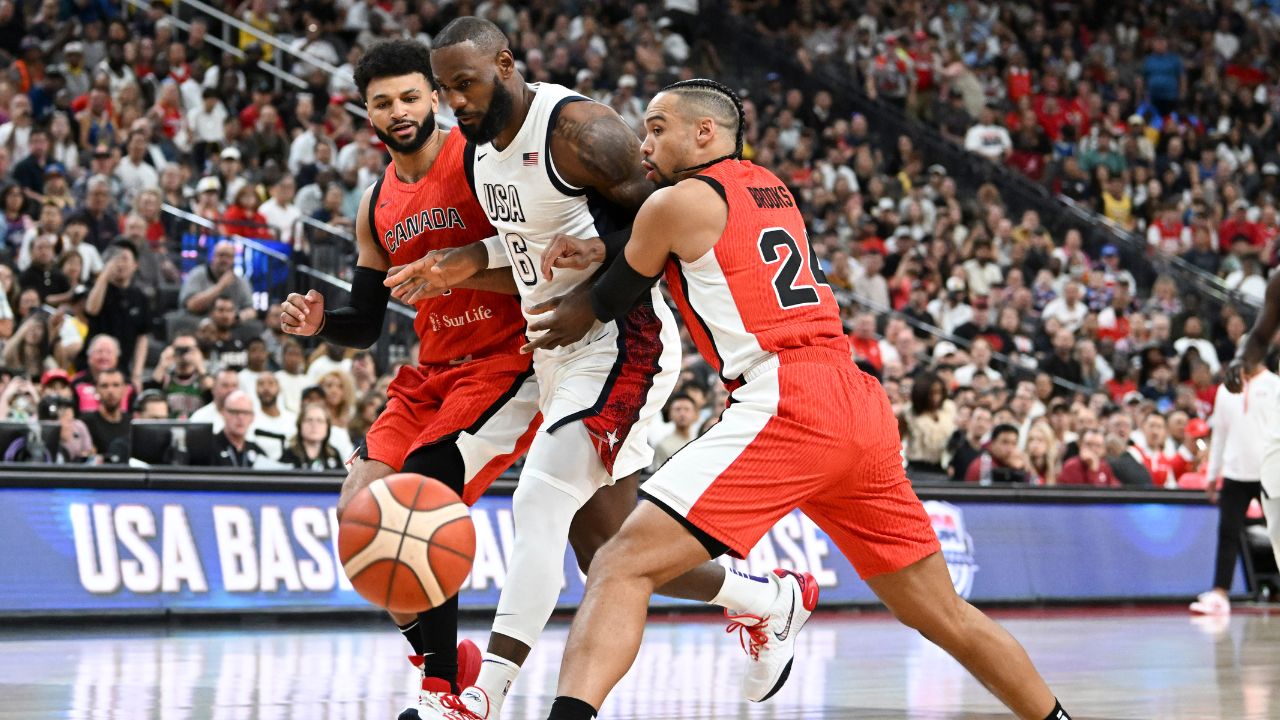 Jamal Murray, LeBron James, and Dillon Brooks