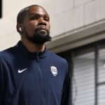 USA forward Kevin Durant (7) arrives for a game against Canada for the USA Basketball Showcase at T-Mobile Arena.