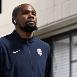 USA forward Kevin Durant (7) arrives for a game against Canada for the USA Basketball Showcase at T-Mobile Arena.