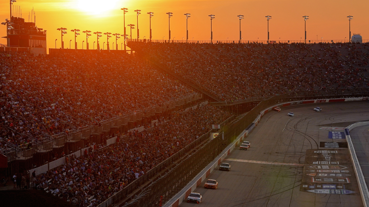 Sep 5, 2021; Darlington, South Carolina, USA; A general view as the sun sets during the Cook Out Southern 500 at Darlington Raceway. Mandatory Credit: Jasen Vinlove-USA TODAY Sports