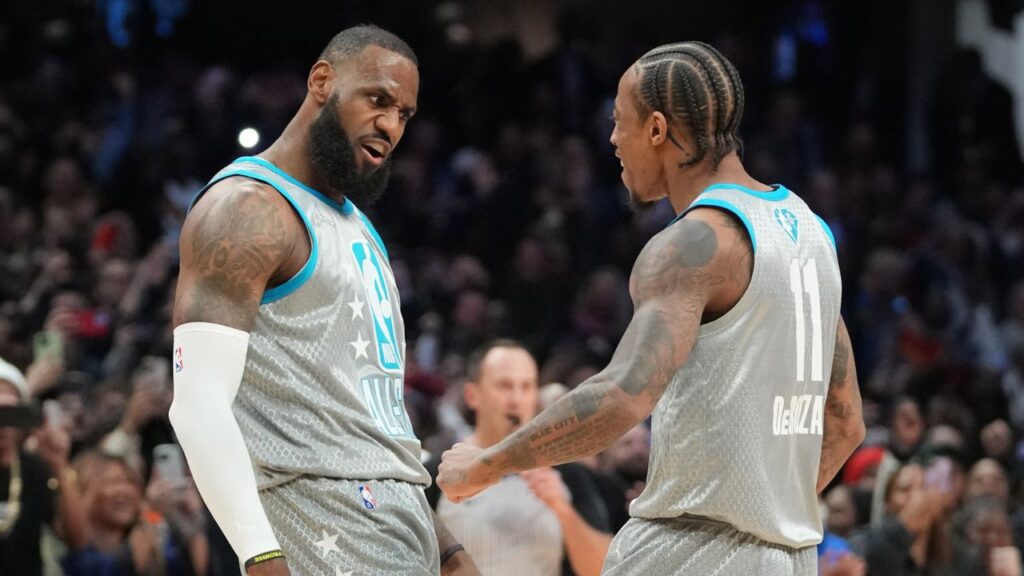 LeBron James and Demar Derozan celebrate a made basket at the All-Star Game Credit: Kyle Terada-USA TODAY Sports