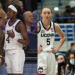LSU's Kim Mulkey and Flau'jae Johson and UConn's Paige Bueckers and Geno Auriemma