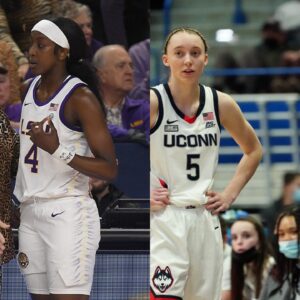 LSU's Kim Mulkey and Flau'jae Johson and UConn's Paige Bueckers and Geno Auriemma
