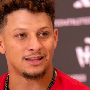 Kansas City Chiefs quarterback Patrick Mahomes attends a press conference.