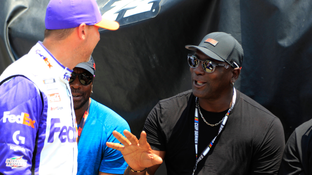 23XI co-owner Michael Jordan talks with Denny Hamlin (#11 Joe Gibbs Racing FedEx Ground Toyota) during qualifying for the NASCAR, Motorsport, USA Cup Series Ally 400 on June 24, 2023 at Nashville SuperSpeedway in Lebanon, TN.