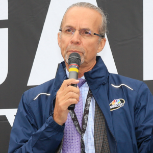 Donnie Allison (l) and Kyle Petty talk to the fans in the Talladega Garage Experience before the running of the Monster Energy NASCAR, Motorsport, USA Cup Series 1000Bulbs.com 500 race on October 13, 2019 at Talladega Superspeedway in Talladega, Alabama.