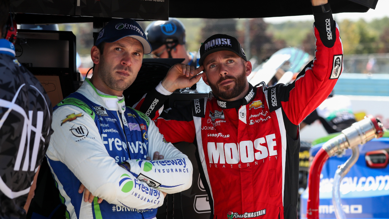 NASCAR Cup Series driver Daniel Suarez (left) and driver Ross Chastain (right) look on during practice and qualifying for the Go Bowling at The Glen at Watkins Glen International.