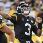 Oct 20, 2024; Pittsburgh, Pennsylvania, USA; Pittsburgh Steelers quarterback Russell Wilson (3) throws pass while being pressured by New York Jets defensive tackle Leonard Taylor III (96) during the second quarter at Acrisure Stadium.