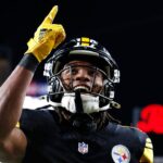 Pittsburgh Steelers wide receiver Calvin Austin III (19) celebrates his twenty-nine yard pass reception for a touchdown against the New York Giants during the fourth quarter at Acrisure Stadium.