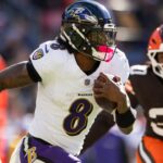 Oct 27, 2024; Cleveland, Ohio, USA; Baltimore Ravens quarterback Lamar Jackson (8) runs the ball against the Cleveland Brownsduring the second quarter at Huntington Bank Field.
