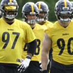 May 24, 2022; Pittsburgh, PA, USA; Pittsburgh Steelers defensive end Cameron Heyward (97) and linebacker TJ Watt (90) participate in organized team activities at UPMC Rooney Sports Complex.
