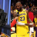 Skip Bayless (L) and LeBron and Bronny James (R)