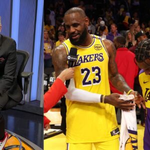 Skip Bayless (L) and LeBron and Bronny James (R)