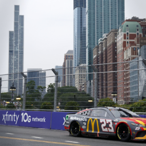 Jul 2, 2023; Chicago, Illinois, USA; NASCAR races along Grant Park during the Grant Park 220 of the Chicago Street Race at Chicago Street Race. Mandatory Credit: Mike Dinovo-Imagn Images