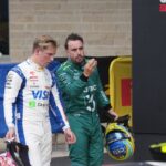 An angry Fernando Alonso ESP , Aston Martin Aramco Cognizant Formula One Team discusses the situation at the start with Liam Lawson NZL