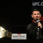 Middleweight champion Michael Bisping speaks to the media to promote his bout against Georges St-Pierre (not pictured) prior to weigh ins for UFC 209 at T-Mobile Arena.