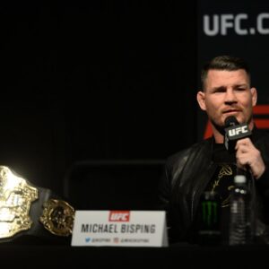 Middleweight champion Michael Bisping speaks to the media to promote his bout against Georges St-Pierre (not pictured) prior to weigh ins for UFC 209 at T-Mobile Arena.
