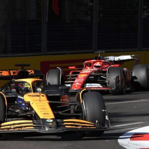 15 09 2024, Baku City Circuit , Baku, FORMULA 1 QATAR AIRWAYS AZERBAIJAN GRAND PRIX 2024 ,in the picture Oscar Piastri AUS , McLaren F1 Team, Charles Leclerc MCO , Scuderia Ferrari HP