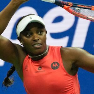 Sloan Stephens of the USA hits to Clara Burel of France on day one of the 2024 U.S. Open tennis tournament at USTA Billie Jean King National Tennis Center.
