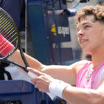 Ben Shelton of the USA after beating Dominic Thiem of Austria on day one of the 2024 U.S. Open tennis tournament