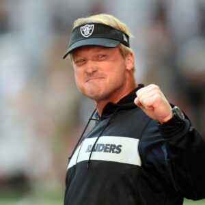 Oakland Raiders head coach Jon Gruden reacts during warmups prior to facing the against the Arizona Cardinals at State Farm Stadium.